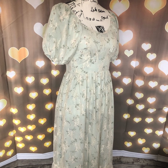 Dress Floral lace combo puff sleeve elegant womens green ruffle - Picture 8 of 16